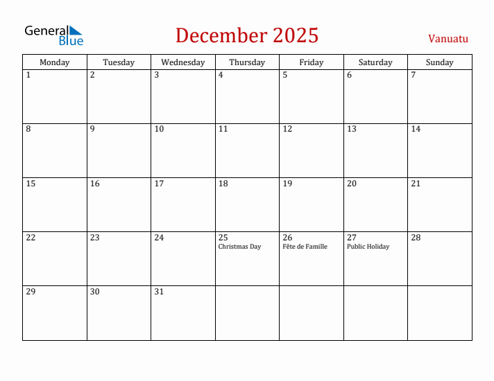 Vanuatu December 2025 Calendar - Monday Start