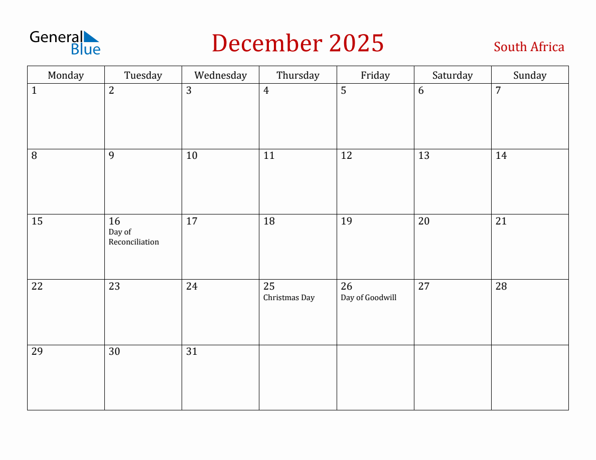 December 2025 South Africa Monthly Calendar with Holidays (Monday Start)
