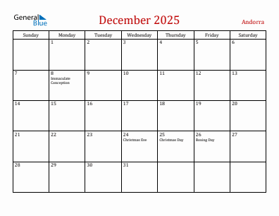Current month calendar with Andorra holidays for December 2025