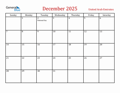 Current month calendar with United Arab Emirates holidays for December 2025