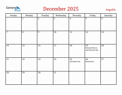 Current month calendar with Anguilla holidays for December 2025