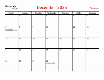 Current month calendar with Armenia holidays for December 2025