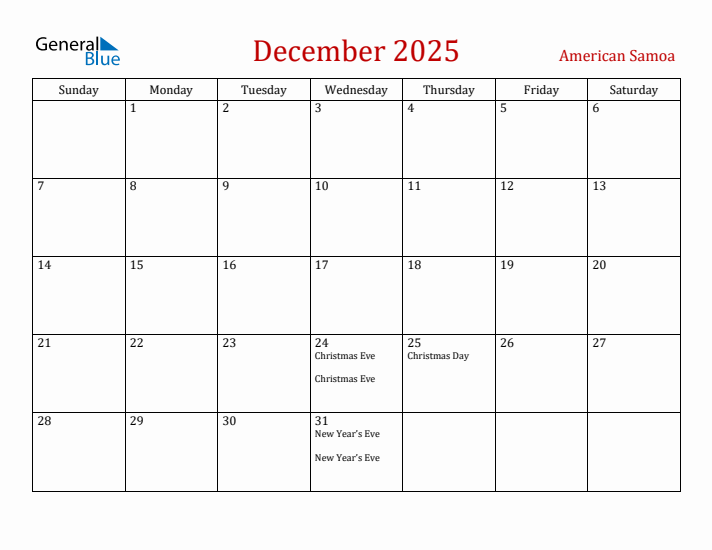 American Samoa December 2025 Calendar - Sunday Start
