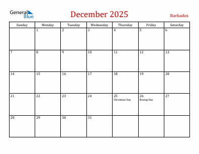 Current month calendar with Barbados holidays for December 2025