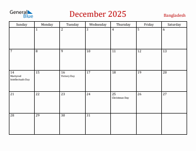 Current month calendar with Bangladesh holidays for December 2025