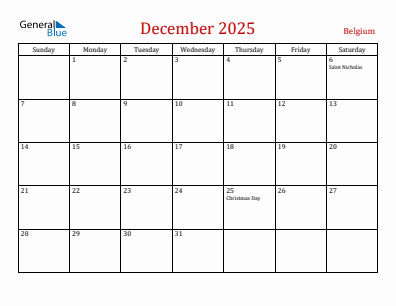 Current month calendar with Belgium holidays for December 2025