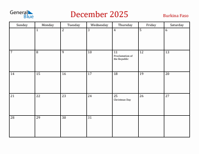 Current month calendar with Burkina Faso holidays for December 2025