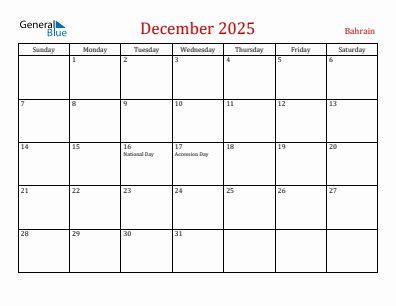 Current month calendar with Bahrain holidays for December 2025