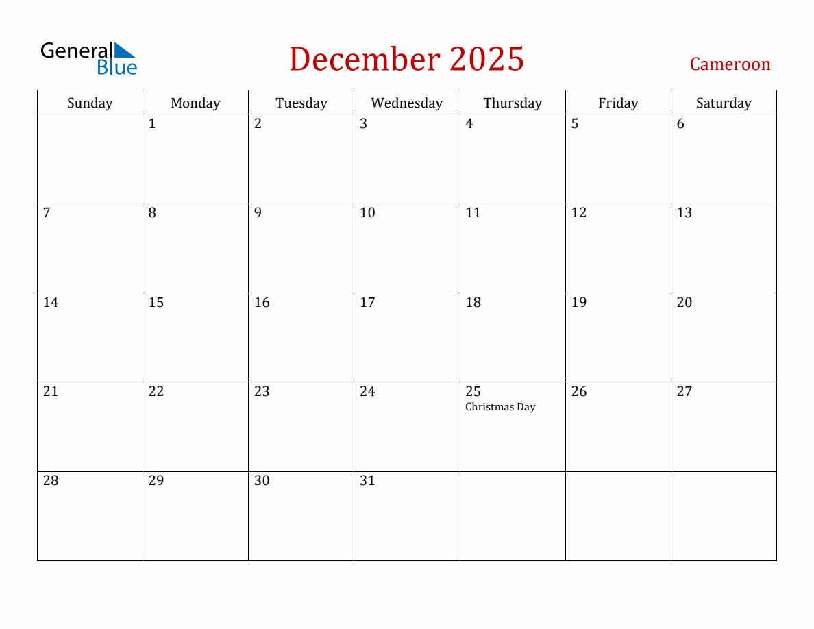 December 2025 Cameroon Monthly Calendar with Holidays