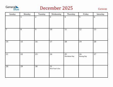 Current month calendar with Curacao holidays for December 2025