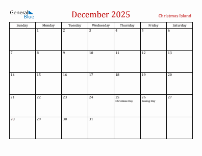 Current month calendar with Christmas Island holidays for December 2025