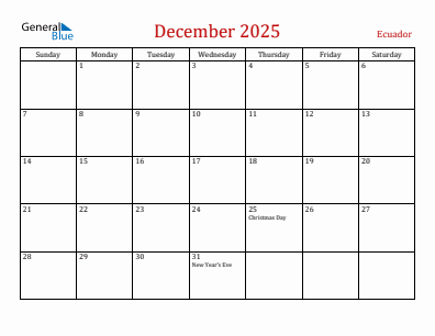 Current month calendar with Ecuador holidays for December 2025