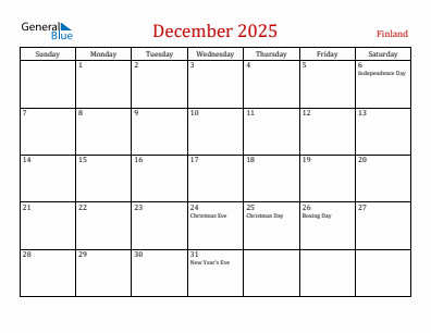 Current month calendar with Finland holidays for December 2025