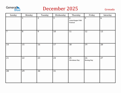 Current month calendar with Grenada holidays for December 2025