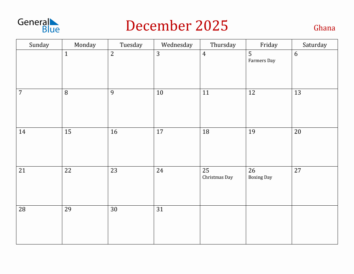 December 2025 Ghana Monthly Calendar with Holidays