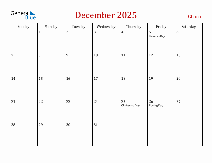 Ghana December 2025 Calendar - Sunday Start