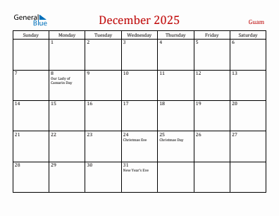 Current month calendar with Guam holidays for December 2025