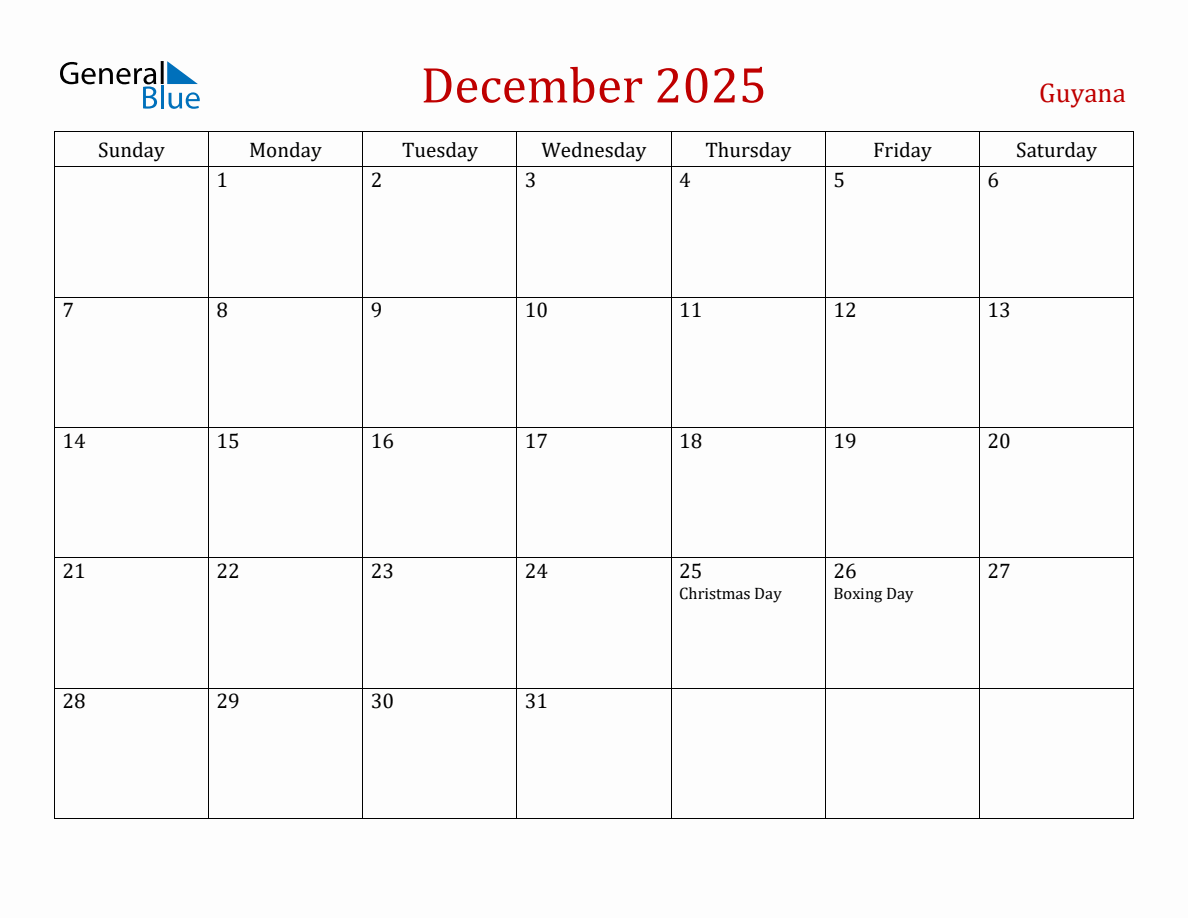 December 2025 Guyana Monthly Calendar with Holidays