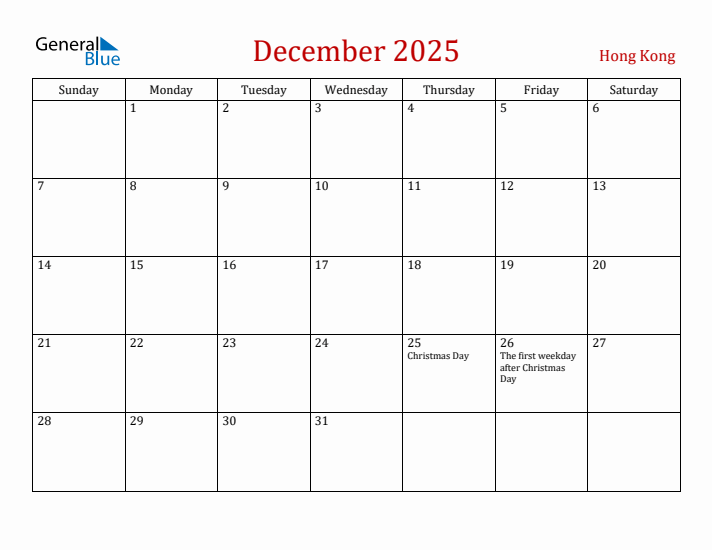 Hong Kong December 2025 Calendar - Sunday Start