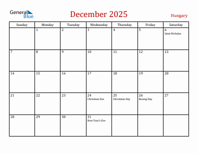 Current month calendar with Hungary holidays for December 2025