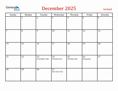 Current month calendar with Iceland holidays for December 2025