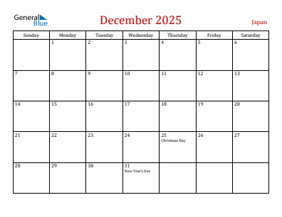 Current month calendar with Japan holidays for December 2025