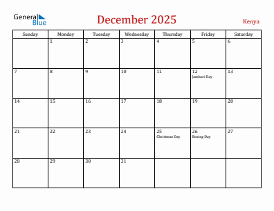 Current month calendar with Kenya holidays for December 2025