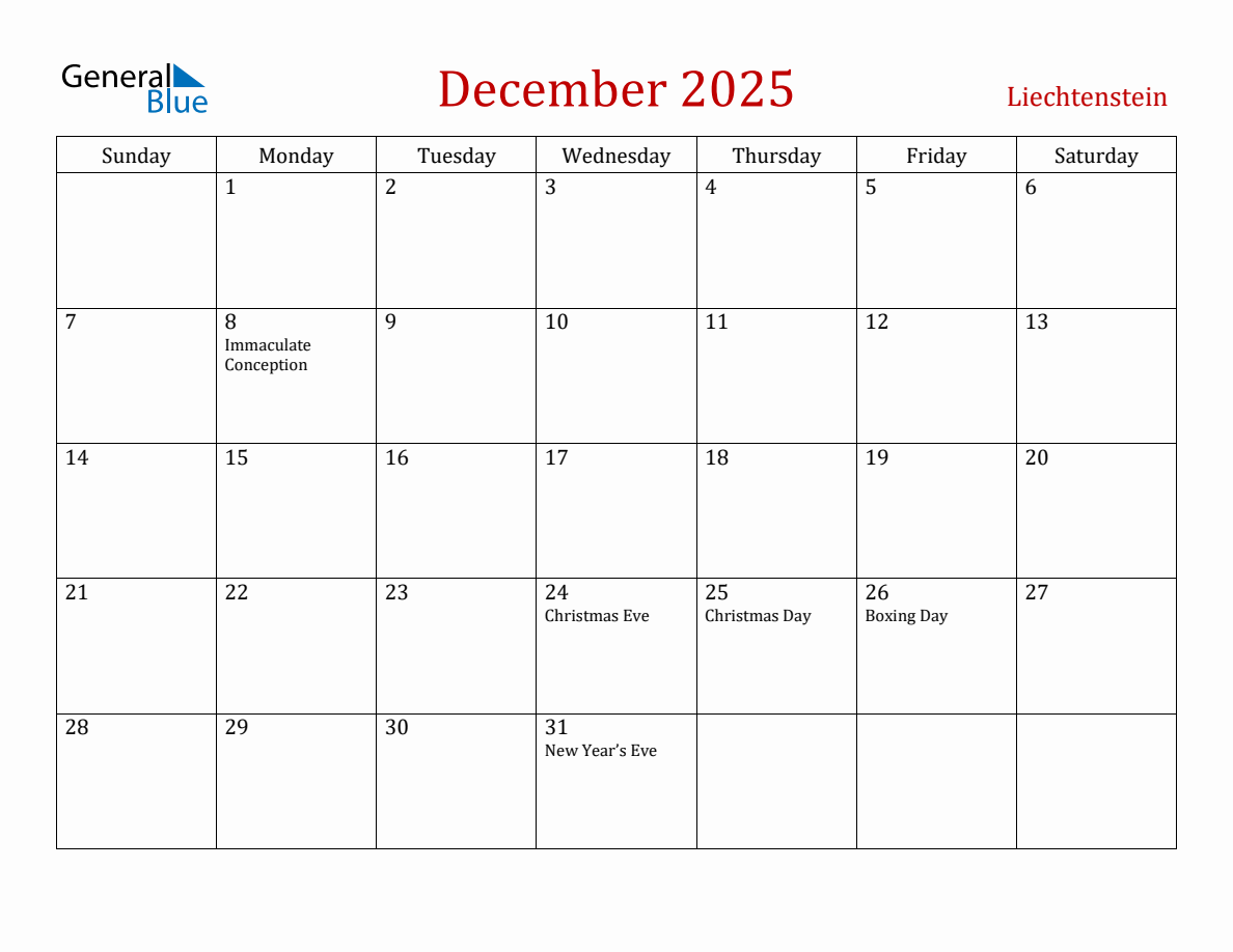 December 2025 Liechtenstein Monthly Calendar with Holidays