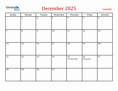 Current month calendar with Lesotho holidays for December 2025