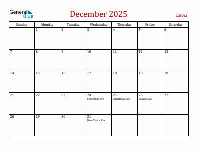 Current month calendar with Latvia holidays for December 2025