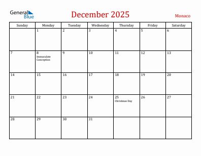 Current month calendar with Monaco holidays for December 2025