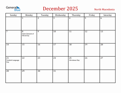 Current month calendar with North Macedonia holidays for December 2025