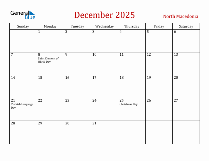 North Macedonia December 2025 Calendar - Sunday Start