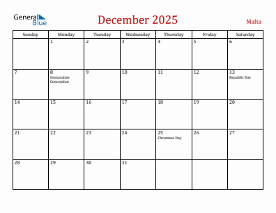 Current month calendar with Malta holidays for December 2025