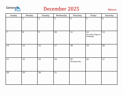 Current month calendar with Mexico holidays for December 2025