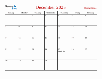 Current month calendar with Mozambique holidays for December 2025