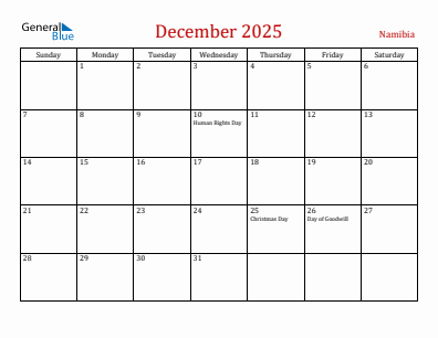 Current month calendar with Namibia holidays for December 2025