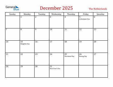 Current month calendar with The Netherlands holidays for December 2025