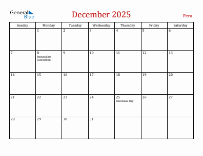Current month calendar with Peru holidays for December 2025