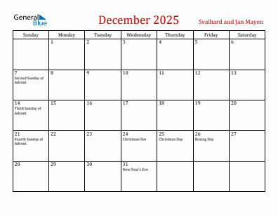 Current month calendar with Svalbard and Jan Mayen holidays for December 2025