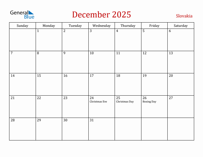 Slovakia December 2025 Calendar - Sunday Start