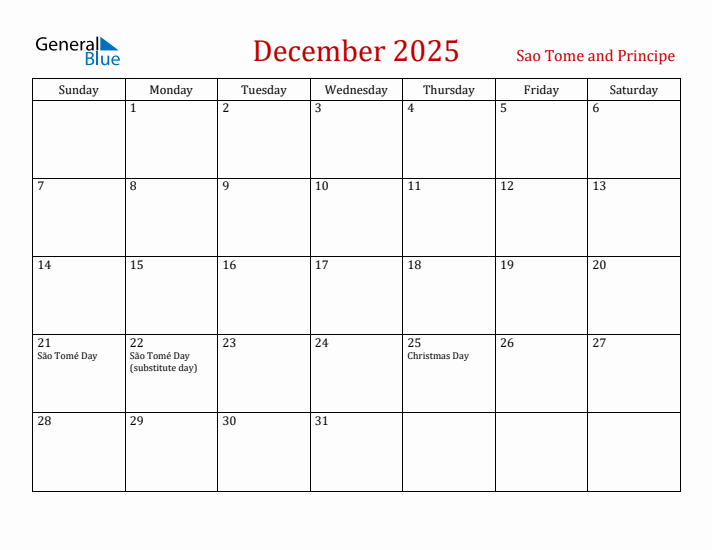 Sao Tome and Principe December 2025 Calendar - Sunday Start