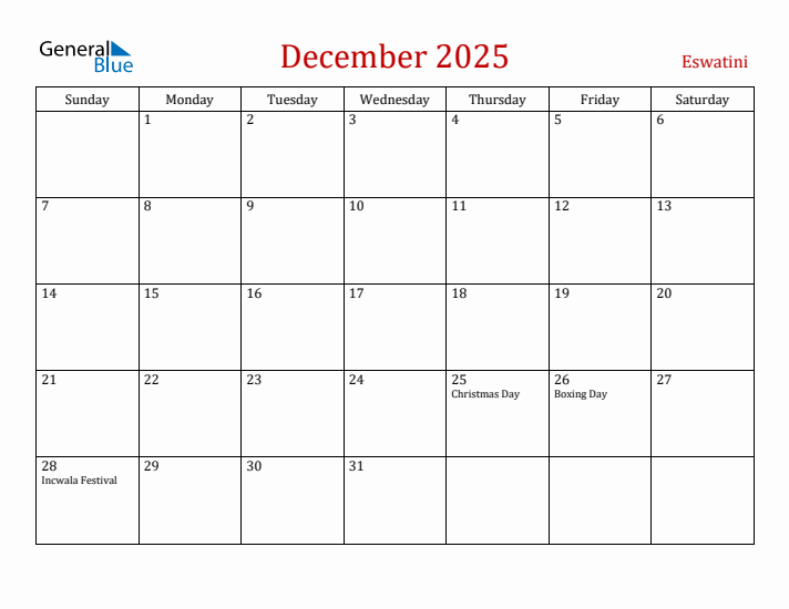 Eswatini December 2025 Calendar - Sunday Start