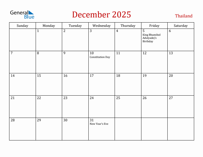 Thailand December 2025 Calendar - Sunday Start