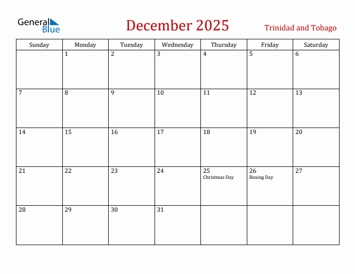 Trinidad and Tobago December 2025 Calendar - Sunday Start