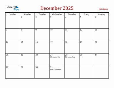 Current month calendar with Uruguay holidays for December 2025