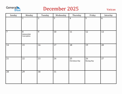 Current month calendar with Vatican holidays for December 2025