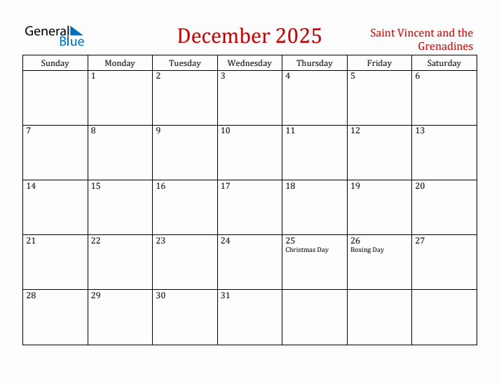 Saint Vincent and the Grenadines December 2025 Calendar - Sunday Start