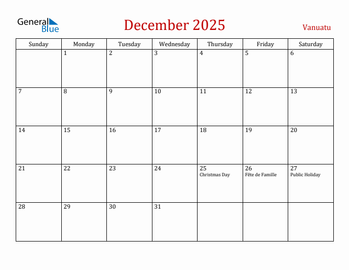 Vanuatu December 2025 Calendar - Sunday Start