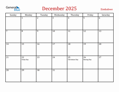 Current month calendar with Zimbabwe holidays for December 2025